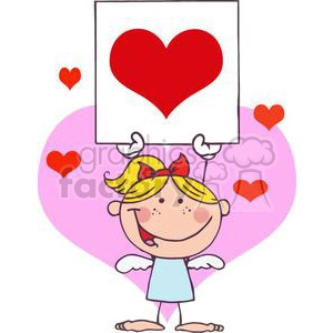 Stick Cupid Girl with Banner In Front of a pink Heart Background