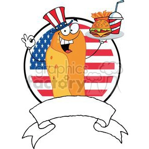 Banner Of A Hot Dog Cook Holder Plate Of Hamburger And French Fries In Front Of Flag Of USA