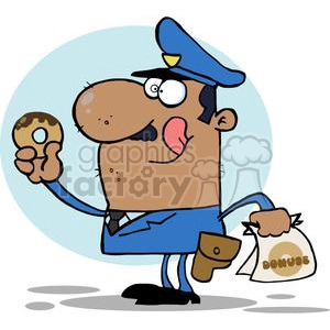 A Very Happy African American Police Officer Eating A Donut Licking His Lips In front of A Blue Background