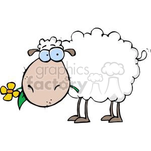 The image shows a cartoon clipart of a humorous-looking sheep. The sheep has a fluffy white body, a tan face with a tuft of white hair on its head, large blue glasses, and is holding a yellow flower with green leaves in its mouth. It stands on thin brown legs, and the sheep's overall appearance is cute and comical.