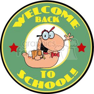 Waving Bookworm With Text Back to School!In Green and Yellow Circle