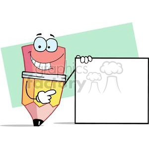The image is a cartoon clipart featuring a funny, anthropomorphic pencil character. The pencil has a smiling face with large, round eyes, and it is holding a blank sign. There is space on the sign for writing or adding text. The pencil is pointing to the sign with one hand, which draws attention to the area for potential messaging.