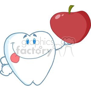 2944-Smiling-Tooth-Cartoon-Character-Holding-Up-A-Apple
