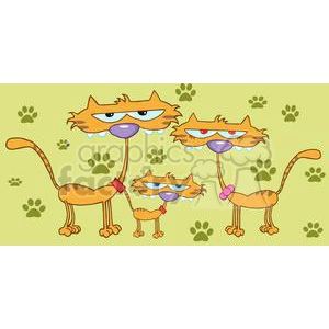 The clipart image shows three comical cartoon cats with exaggerated expressions, standing on a green background decorated with paw prints. The cats appear to have a grumpy or sleepy demeanor with droopy eyes and frowning mouths. Two of the cats are wearing collars—one red and one pink—with bells attached. They are all standing, facing the viewer, with tails that have a striped pattern.