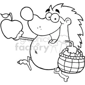 The clipart image depicts a cartoon hedgehog. The hedgehog is standing on two legs and appears to be happy and enthusiastic. It's holding an apple in one hand and a basket, which looks like it's meant to carry apples, in the other. The hedgehog has a rounded belly, large cartoonish eyes, and a big, round nose, giving it a humorous and endearing look. The image is in black and white, suitable for coloring activities.