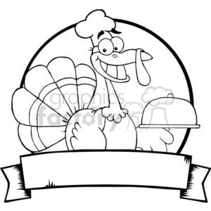 3509-Turkey-Chef-Serving-A-Platter-Over-A-Circle-And-Blank-Green-Banner