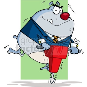 This image depicts a cartoon or comic-style illustration of a dog wearing a blue suit, white shirt, and striped tie, using a red jackhammer. The dog appears comical and is illustrated with an exaggerated expression, wide eyes, and a big smiling mouth with a noticeable red nose. The dog is shown in an anthropomorphic pose, standing upright on two legs, and the jackhammer is in operation as indicated by motion lines.