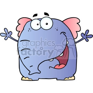 The image features a funny comic character depiction of an elephant. The elephant is predominantly blue in color, with large, exaggerated white eyes and small pink inner ears. It has a comical expression with its mouth wide open, as if it's either surprised or shouting. The character has four visible legs, a rounded body, and is shown with its arms outstretched.