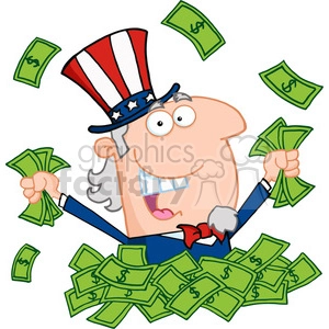 Cartoon Uncle Sam holding cash from quantitative easing