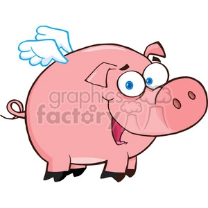 The clipart image depicts a cartoon pig that appears to be smiling or laughing. Its features include large, expressive eyes, a prominent snout, a curly tail, and it has a small pair of cartoon-style wings on its back, which adds a whimsical or silly element to the character.