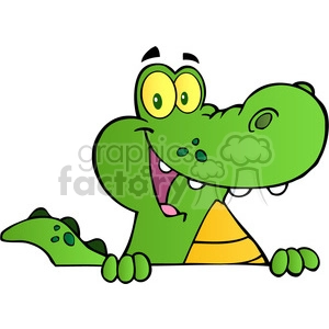 The image depicts a comical and cartoonish character resembling a crocodile or alligator. The character is green with big yellow eyes and a wide-open mouth, revealing a pink tongue. It appears to be laying down with its head and arms in the foreground and has a friendly and funny expression.