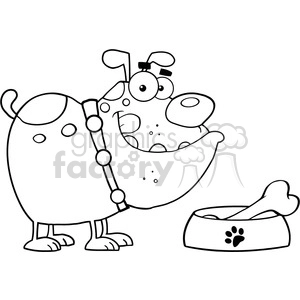 This clipart image features a whimsically drawn dog standing next to a dog dish that contains a large bone. The dog appears to be smiling or panting and has a comical expression with bulging, crossed eyes, and a large hanging tongue. It's a black and white line drawing, portraying a playful and funny representation of a dog.