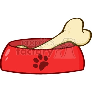The image is a simple and humorous illustration of a large bone inside a red dog food bowl. The bowl has a paw print design on its side, a common motif for pet-related items. The bone is oversized in comparison to the bowl, adding a comedic effect to the image.