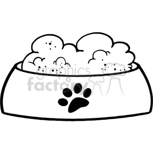 The clipart image features a dog bowl filled with food. The bowl has a paw print design on it, and the food is piled high, with small dots indicating texture or pieces within the dog food.