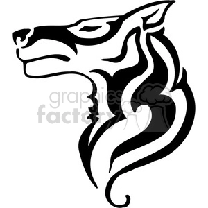 The image depicts a stylized, black and white vector illustration of what appears to be a Canidae head, such as that of a husky, wolf, or domestic dog. It features prominent tribal or tattoo-like design elements that accentuate the animal's features with flowing, elegant lines and curves that emphasize its wild and noble demeanor. The design is clean and crisp, making it suitable for vinyl-ready applications, logos, decals, and various artistic projects.