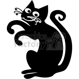 The image is a simple black and white clipart of a stylized black cat. The cat appears to be sitting and looking to its right with a twisted, curly tail and elaborately designed whiskers.