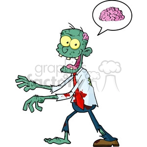 5082-Blue-Cartoon-Zombie-Walking-With-Hands-In-Front-And-Speech-Bubble-With-Brain-Royalty-Free-RF-Clipart-Image