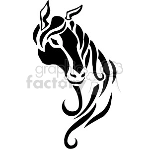 This clipart image features a stylized outline of a horse. The design is bold and uses black and white contrast to create an artistic representation of the animal. The shapes and curves are abstract yet recognizable as a horse. This image appears to be suitable for uses such as vinyl decals or a tattoo design due to its clean, simple lines, and high contrast.