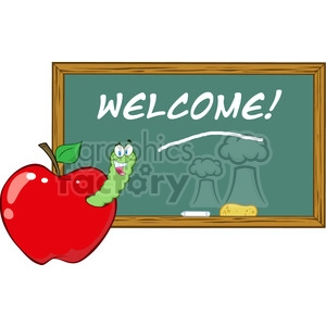 4954-Clipart-Illustration-of-Happy-Student-Worm-In-Red-Apple-In-Front-Of-School-Chalk-Board