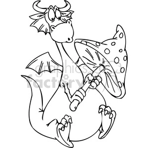 The image is a black and white line art illustration of a whimsical, cartoon-style dragon. The dragon is standing upright, appears to be smiling, and holds a spotted mushroom in its clawed hands. The dragon has a pair of bat-like wings, a long tail, and horns on its head, which are common features associated with mythical dragons. The overall style of the image is lighthearted and humorous, apt for children's books, fantasy themes, or playful decoration.