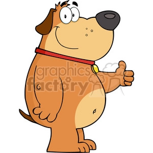 The image is a comical illustration of a brown cartoon dog with a red collar and a gold tag, standing upright and giving a thumbs-up with a raised right hand, as if hitchhiking or signaling for a ride.