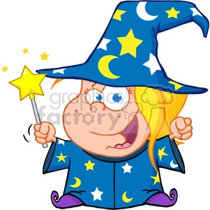 Clipart of Happy Wizard Girl Waving With Magic Wand