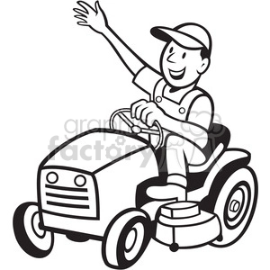 black and white farmer riding tractor mower
