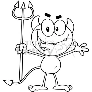 6822 Royalty Free Clip Art Black and White Cute Little Devil Holding Up A Pitchfork