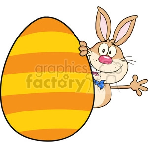 Royalty Free RF Clipart Illustration Cute Rabbit Cartoon Character Waving Behinde Easter Egg