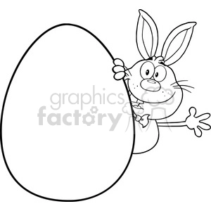 Royalty Free RF Clipart Illustration Black And White Cute Rabbit Cartoon Character Waving Behinde Easter Egg