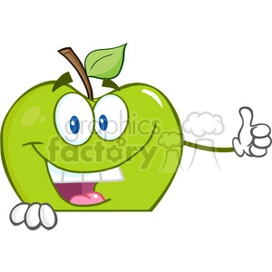 5769 Royalty Free Clip Art Smiling Green Apple Cartoon Character Holding A Thumb Up Over Blank Sign