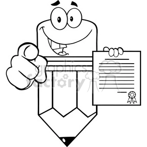 5933 Royalty Free Clip Art Smiling Pencil Cartoon Character Pointing With Finger And Holding A Contract
