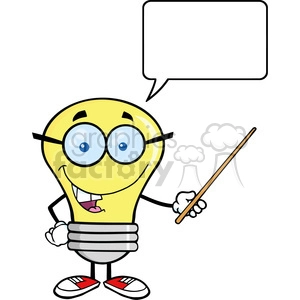 6095 Royalty Free Clip Art Smiling Light Bulb Character With A Pointer And Speech Bubble