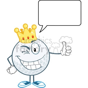 5721 Royalty Free Clip Art Winking Golf Ball Cartoon Character With Gold Crown Holding A Thumb Up And Speech Bubble