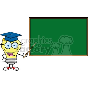 6084 Royalty Free Clip Art Smiling Light Bulb Teacher Character With A Pointer In Front Of Chalkboard