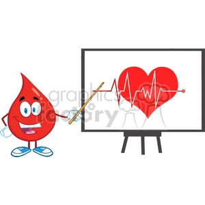 6188 Royalty Free Clip Art Red Blood Drop Character With Pointer Presenting Ecg Graph On Red Heart