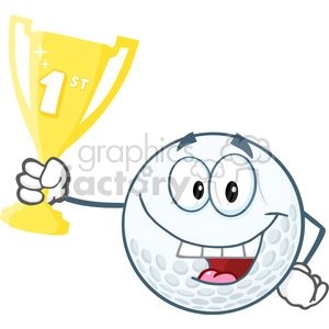 6491 Royalty Free Clip Art Happy Golf Ball Holding First Prize Trophy Cup