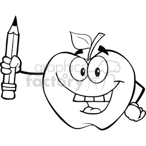 6530 Royalty Free Clip Art Black and White Apple Holding Up A Pencil