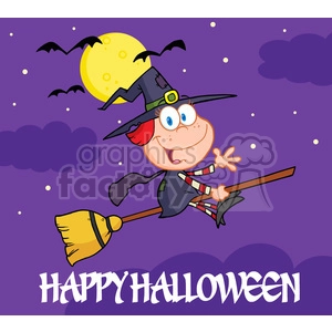 6632 Royalty Free Clip Art Happy Halloween Greeting With Little Witch Ride A Broomstick In The Night