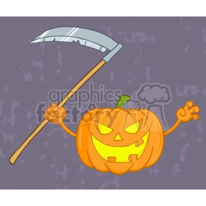 6639 Royalty Free Clip Art Scaring Halloween Pumpkin With A Scythe And Background