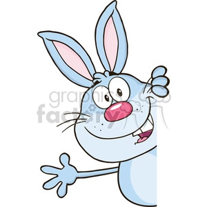 This cartoon shows a cute blue rabbit cartoon character , with a bright red nose and whiskers, looking around a blank sign and waving