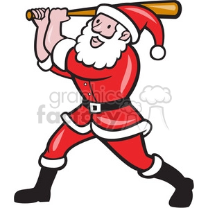The clipart image features a cartoon depiction of Santa Claus in his traditional red and white suit and hat. Santa is depicted in an action pose, swinging a baseball bat with both hands, as if he were hitting a ball. He shows a joyful facial expression with a big smile.