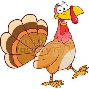 The image depicts a cartoon-style turkey that is commonly associated with Thanksgiving. The turkey has a large fan of tail feathers displayed prominently, and it is colored with shades of brown and tan, enhancing its vivid and festive look. Its body is also brown, and the bird has a red wattle and a yellow beak with a red snood hanging from it. The turkey appears to be standing cheerfully with its wings slightly held to its sides and is sporting a jolly expression with wide eyes and a smiling beak. The legs and feet are drawn in a light-yellow color with orange stripes.