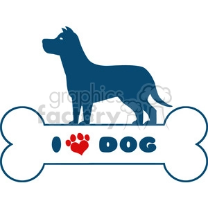 Royalty Free RF Clipart Illustration Dog Blue Silhouette Over Bone With Text And Red Love Paw Print Vector Illustration Isolated On White Background
