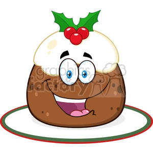 royalty free rf clipart illustration happy christmas pudding cartoon character with frosting and holly vector illustration isolated on white