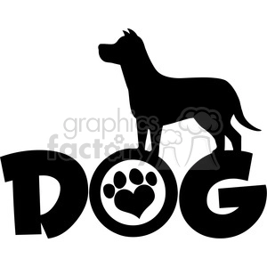 Royalty Free RF Clipart Illustration Dog Black Silhouette Over Text With Love Paw Print Vector Illustration Isolated On White Background