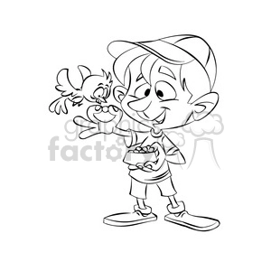 vector black and white image of a child feeding a bird