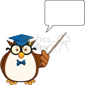 Royalty Free RF Clipart Illustration Wise Owl Teacher Cartoon Mascot Character With A Pointer And Speech Bubble