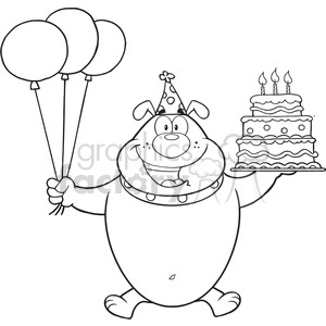 The image shows a funny cartoon animal, which appears to be a happy dog wearing a party hat. The dog is standing and holding a bunch of balloons in one hand and a birthday cake with lit candles in the other hand. It looks like a line drawing suitable for coloring activities.