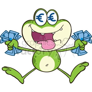 The image shows a cartoon frog with large, happy eyes symbolized by euro currency symbols. The frog seems ecstatic and is holding bundles of cash in both hands. It has a wide, open-mouthed smile, suggesting that it is extremely pleased or excited, possibly due to the wealth it's holding.